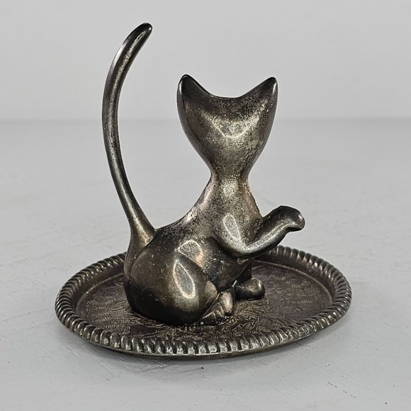 Vintage Silver Plated Cat Kitten Ring Holder Jewelry Dish Hong Kong - Picture 5 of 8